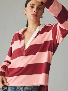 Anthropologie Pilcro Long-Sleeve Cotton Rugby Shirt Pink Maroon Striped Size XS